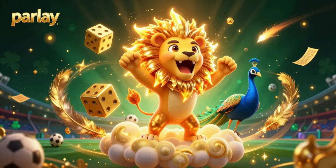 Engage in the excitement of parlay betting with this vibrant 3D illustration showcasing a triumphant lion amidst dynamic sports elements.