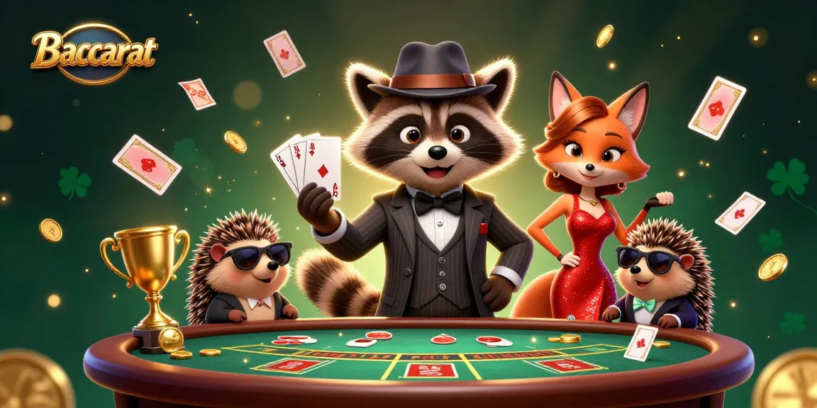 Baccarat scene illustrating a suave raccoon with a royal flush, flanked by a fox and hedgehog amidst flying playing cards and coins.