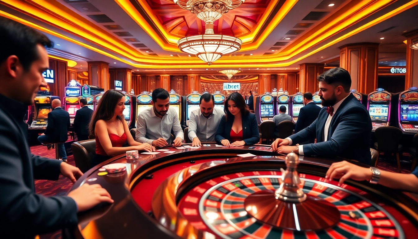 Players enjoying poker and roulette at i9bet, showcasing excitement and luxury in online gambling.