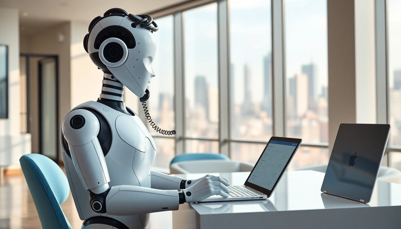 AI Receptionist engaging clients with a friendly demeanor in a modern office.