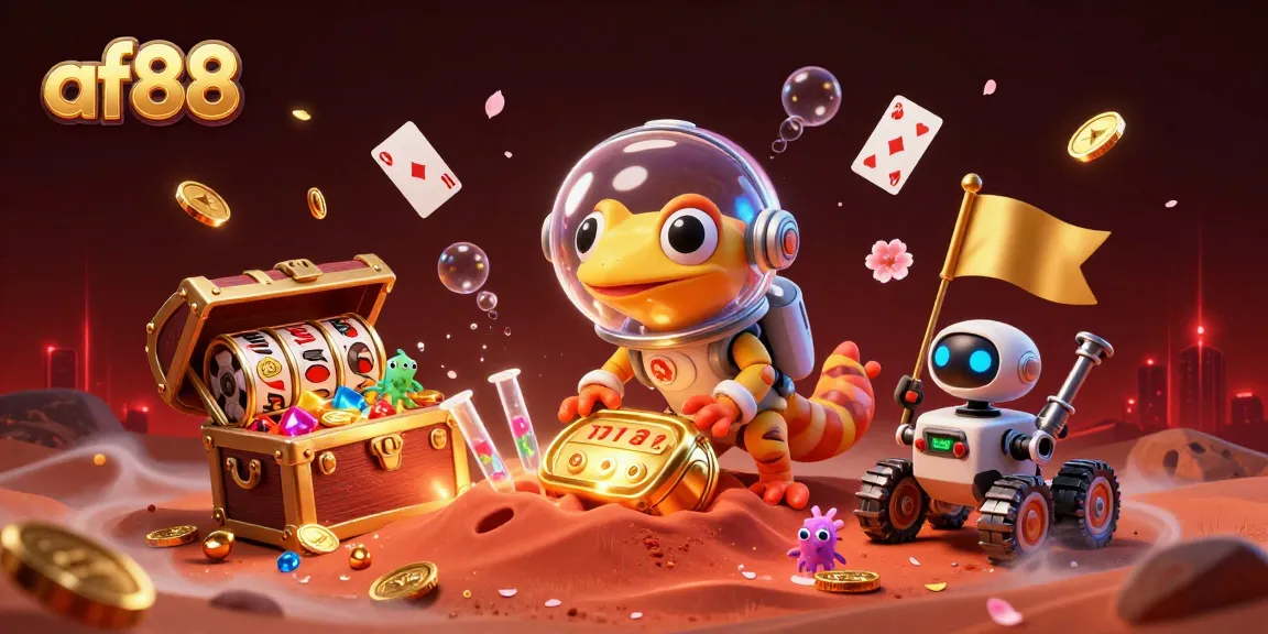 Join the Martian gecko at af88's golden casino unveiling treasure in a cosmic adventure.