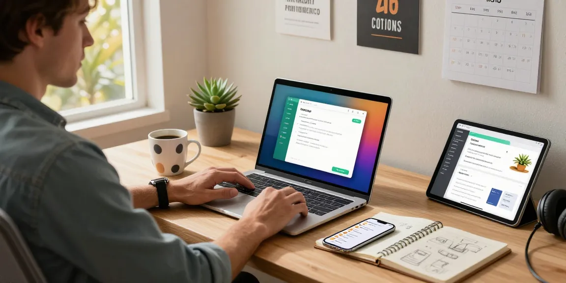 Using WhatsApp電腦版 on a laptop in a modern home office setup, showcasing productivity and comfort.