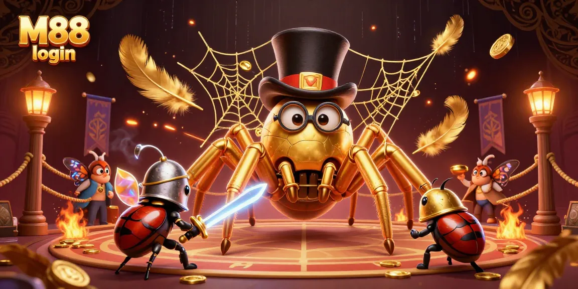 M88 login to engage in thrilling casino adventures, featuring a brave beetle knight and a golden tarantula.