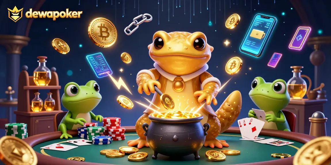 Dewapoker showcases a dynamic poker scene with golden alchemist characters surrounded by chips and cards, enhancing competitive gameplay.