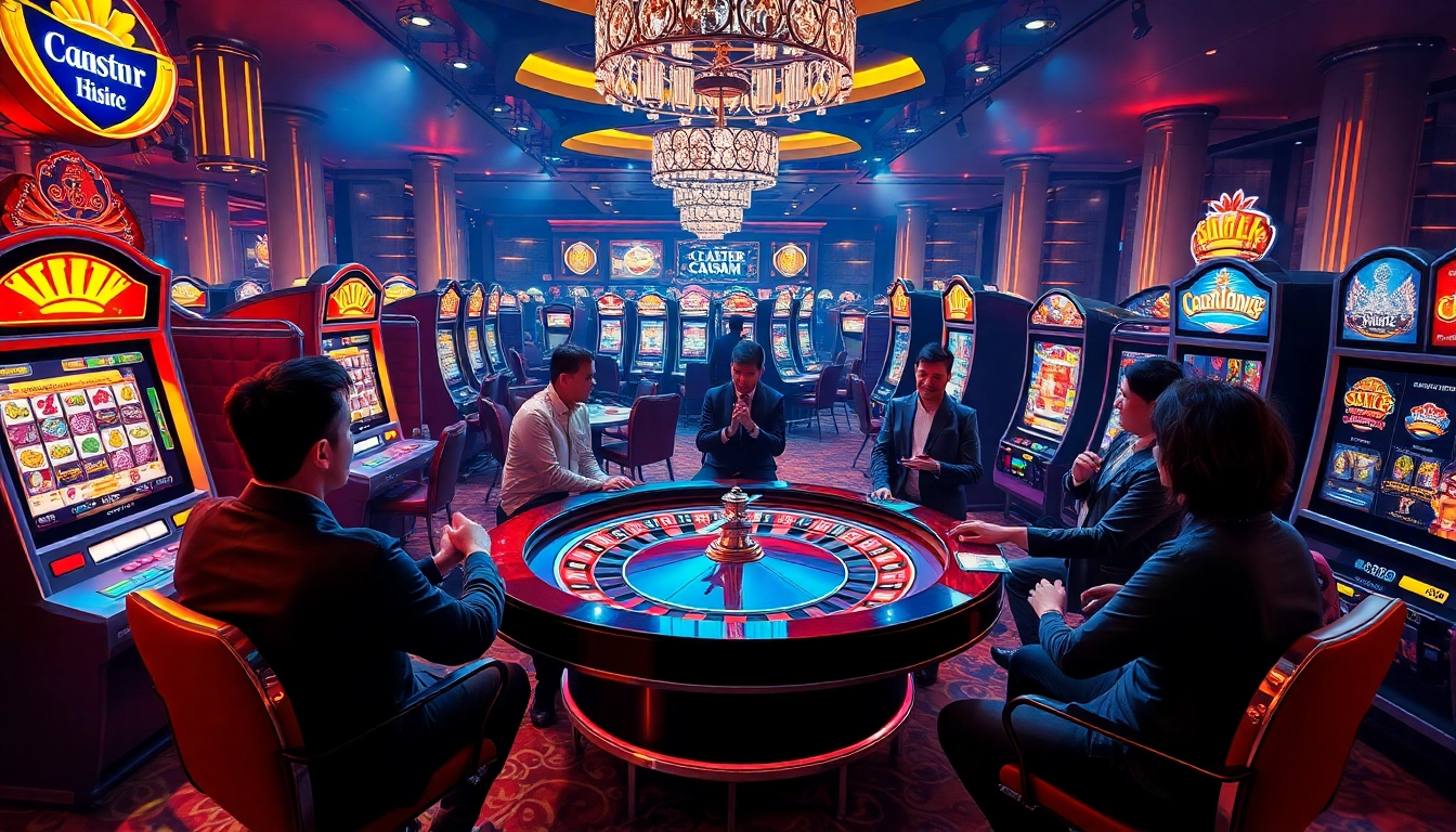 Experience the excitement of scatter hitam in a vibrant casino scene with players engaging at roulette and slot machines.
