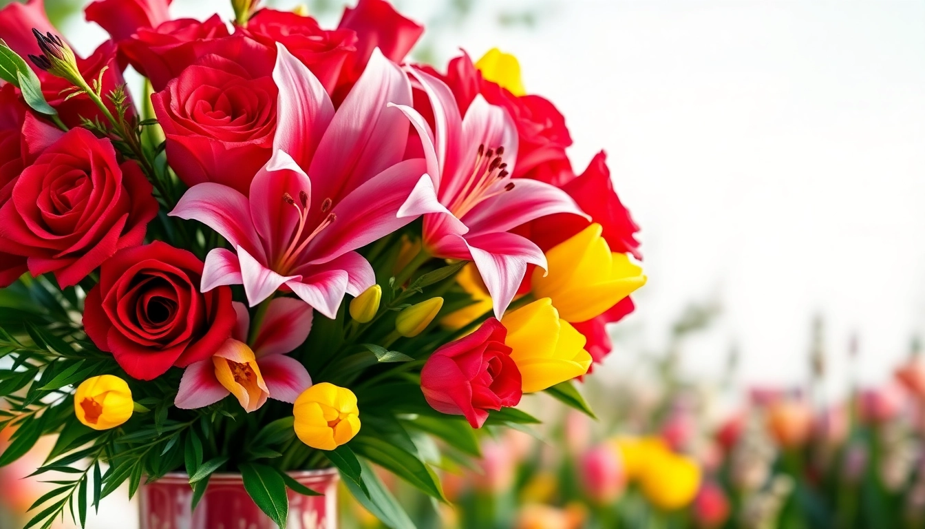 Delightful arrangement of valentines flowers featuring roses and lilies in a garden setting.