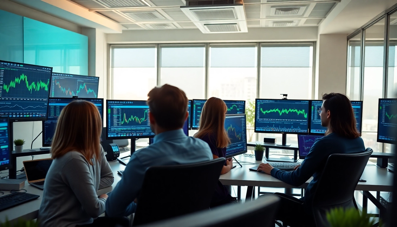 Traders using Quantum AI Canada on dual monitors in a modern office.