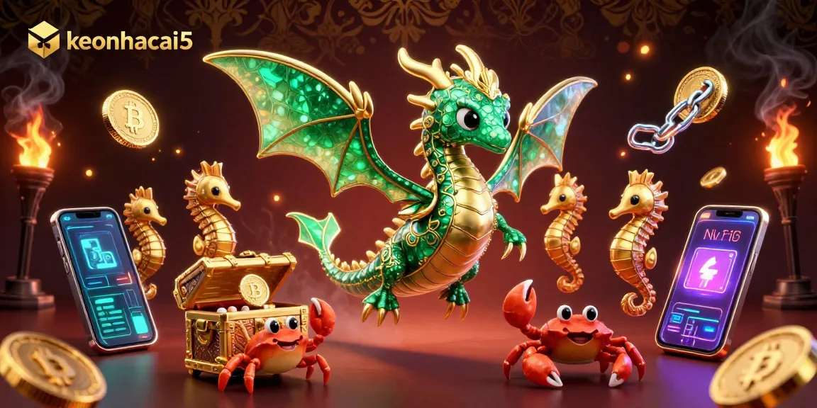 Engage with keonhacai5's vibrant fantasy scene showcasing a sea dragon and cryptocurrency treasures.