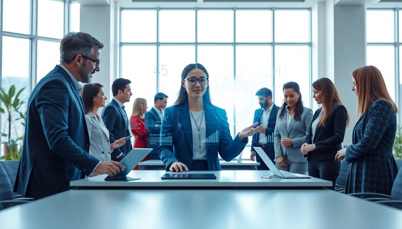 Showcasing human interface with AI through diverse professionals collaborating with futuristic technology.