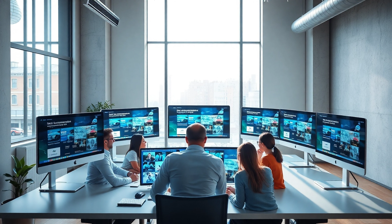 Showcase of a leading web design company collaborating in a vibrant office