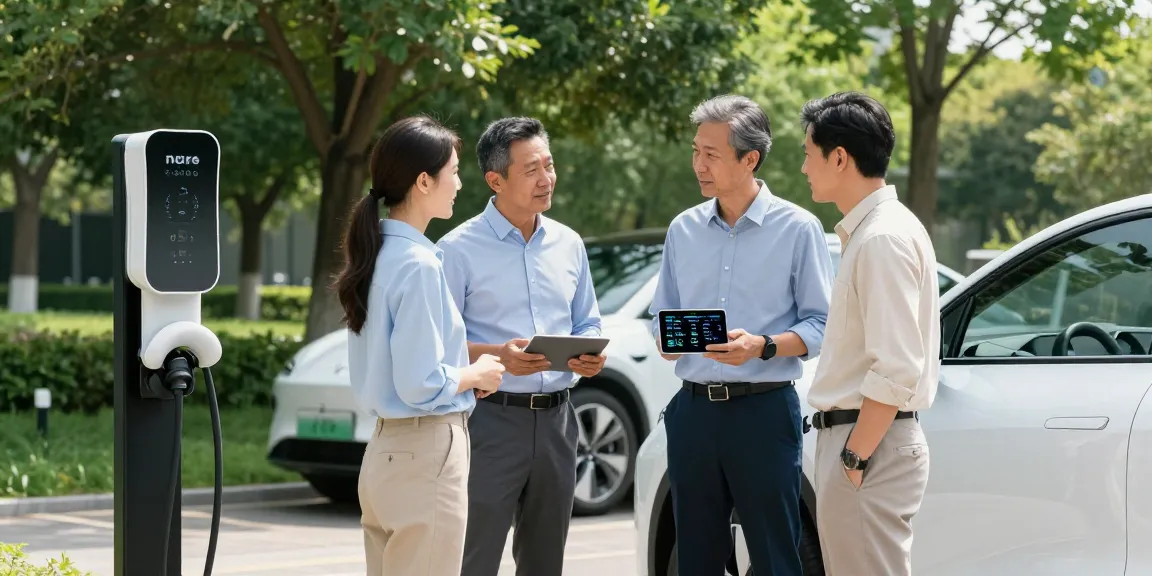 Portable ev charger supplier showcasing a unique charging solution with professionals discussing its benefits in a modern park.
