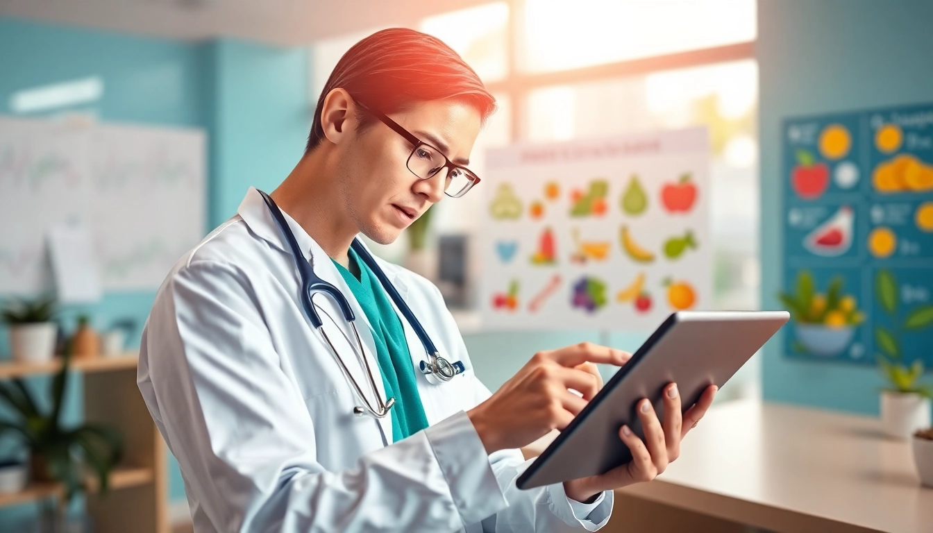 Health analysis in a modern clinic with a healthcare worker actively engaging in wellness solutions.