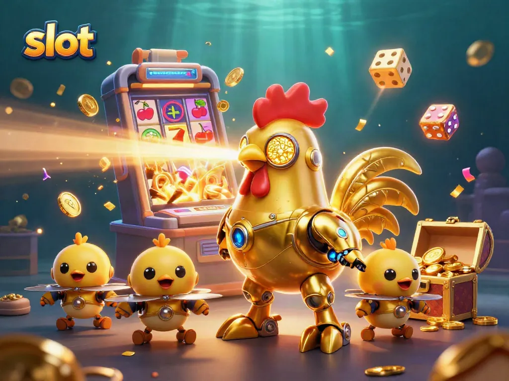 Experience thrilling slots action as a golden rooster robot unleashes jackpots in a vibrant casino scene