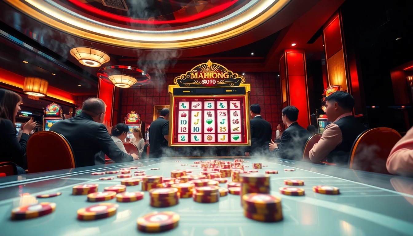 Players enjoying Mahjong Ways 2 at a luxurious casino slot machine.