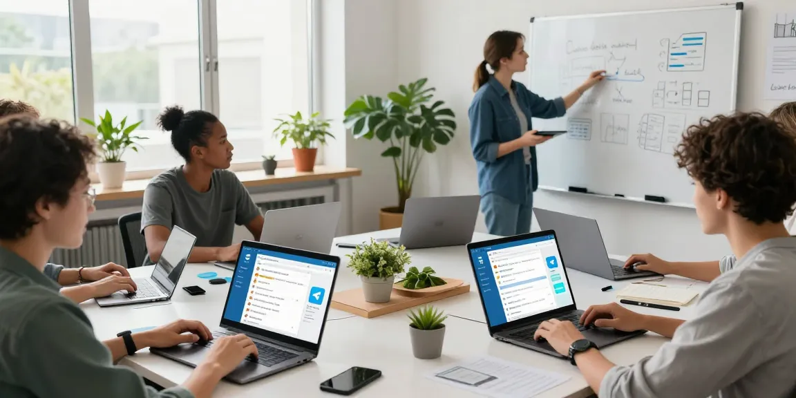 Team collaboration in a bright office on Telegram官网 features and messaging threads, showcasing innovation and productivity.