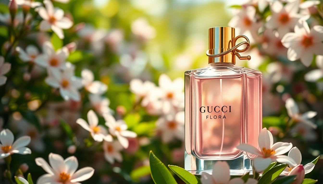 Experience the captivating Gucci Flora fragrance showcased among blooming flowers.