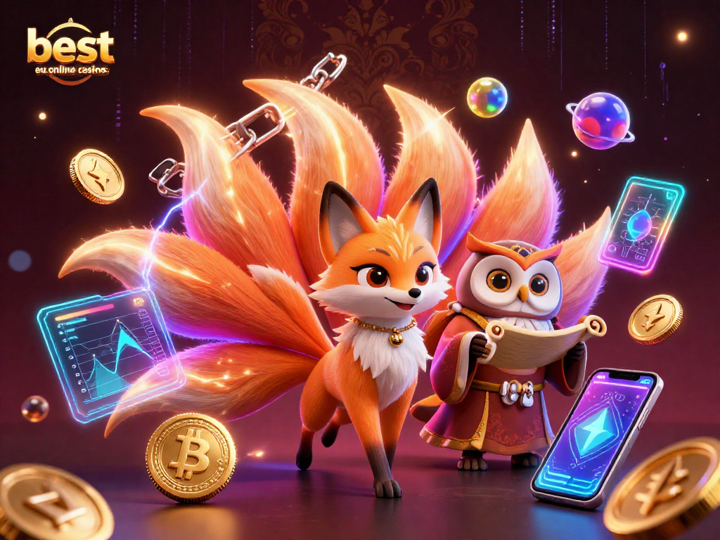 Experience the best eu online casinos with vibrant characters and cryptocurrency elements illustrating a lively casino atmosphere.