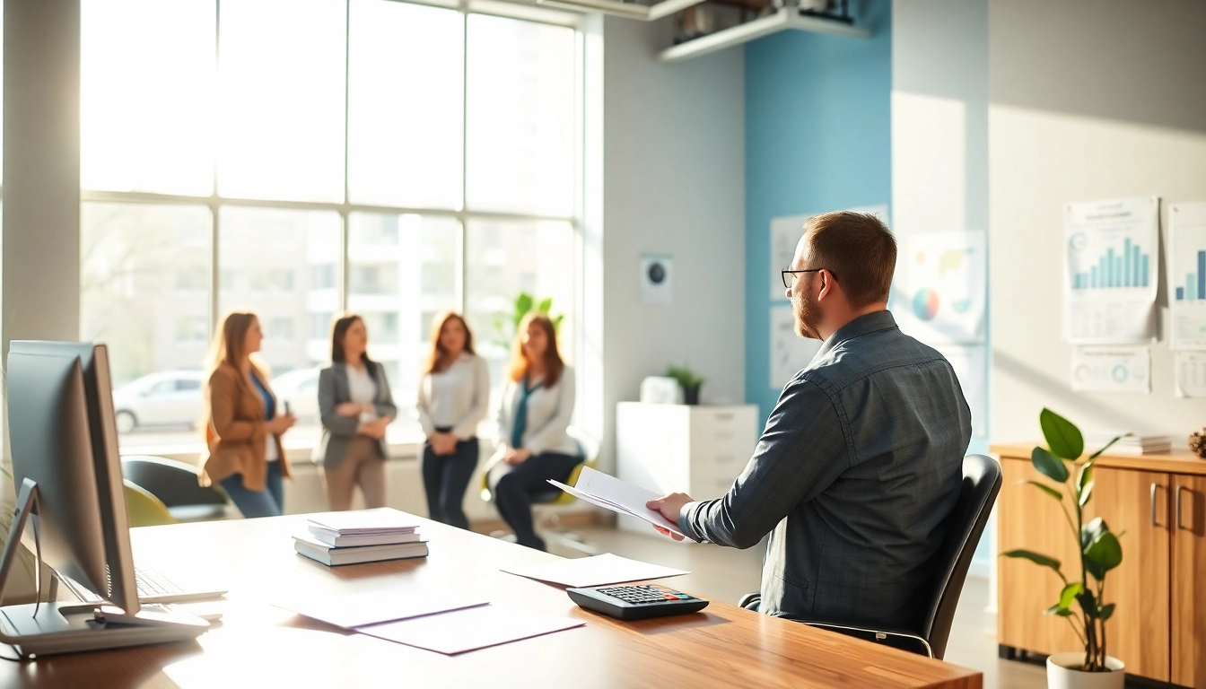 Engaging tax office with a professional advisor assisting clients in a welcoming environment.