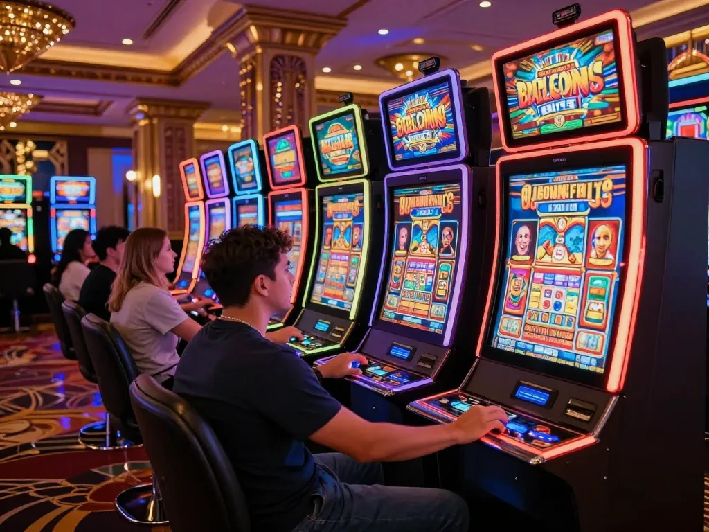 Engaged players spinning slot machines in a vibrant casino atmosphere.