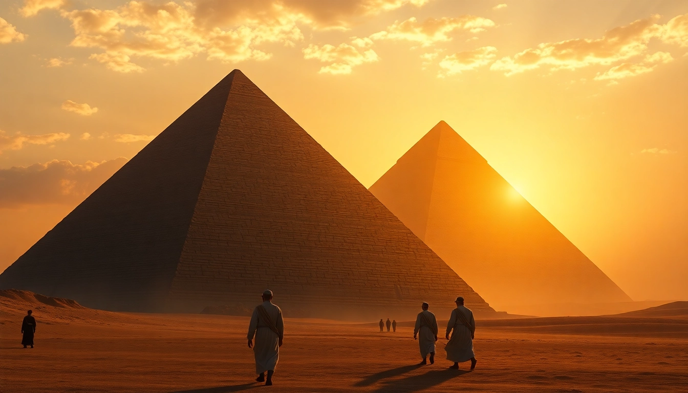 A stunning view of the pyramid with pilgrims approaching its base during sunset.