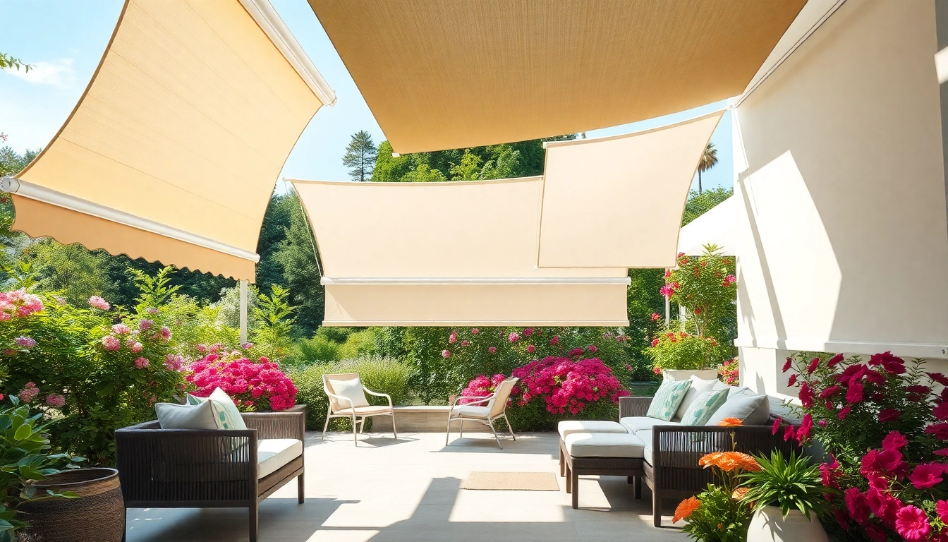Stylish outdoor shades enhancing a garden patio's ambiance and comfort.
