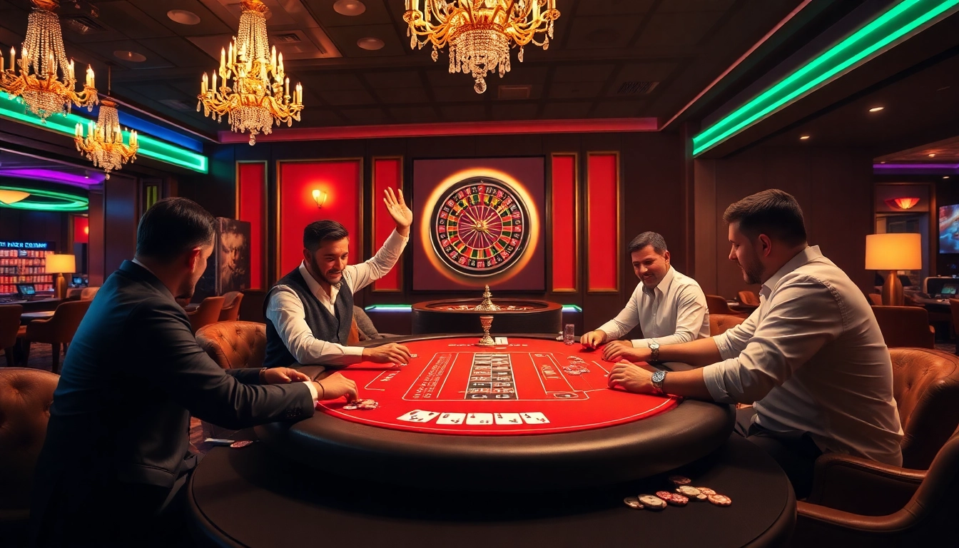 Experience excitement at 123b casino with players celebrating wins at a vibrant poker table.