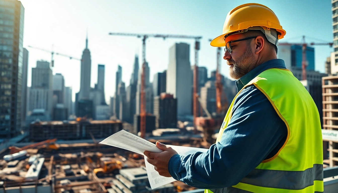 New York City Commercial General Contractor inspecting plans on a bustling construction site.