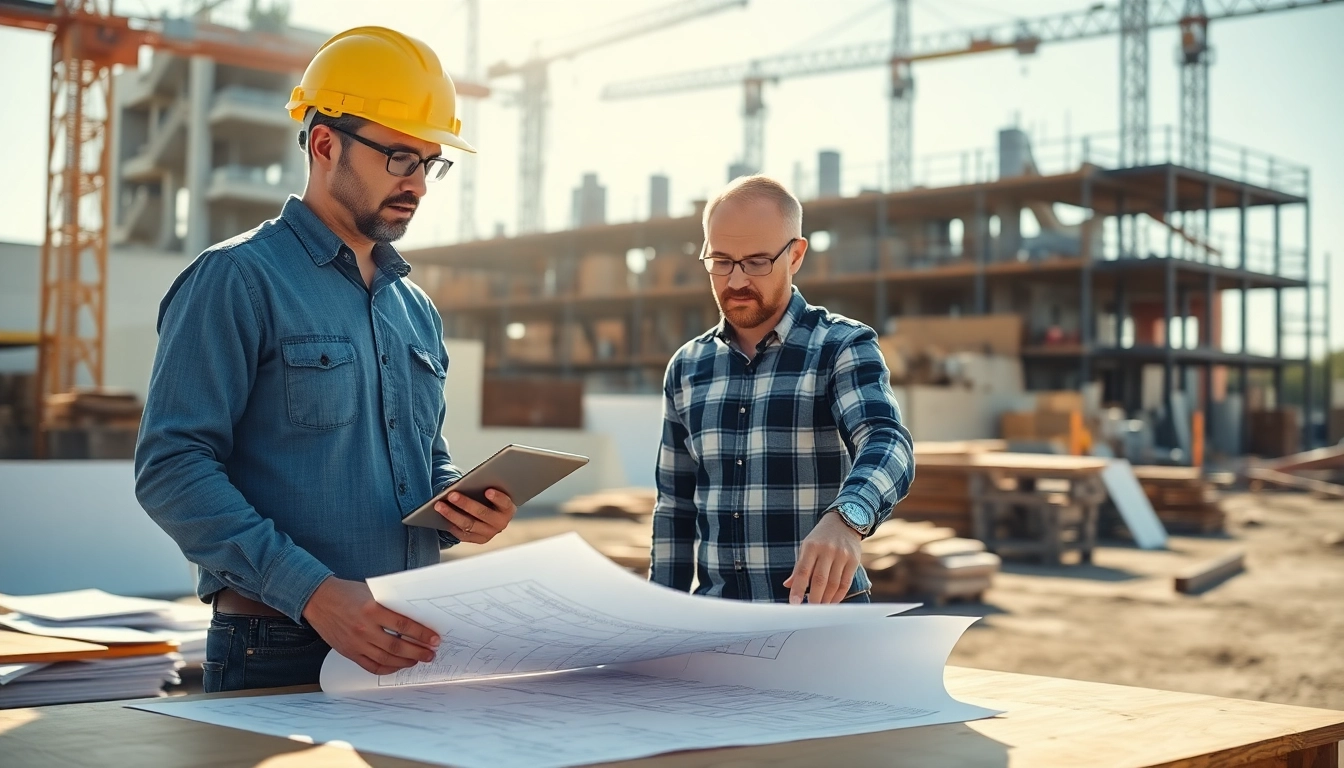 New Jersey General Contractor collaborating with a client at a construction site, reviewing blueprints.