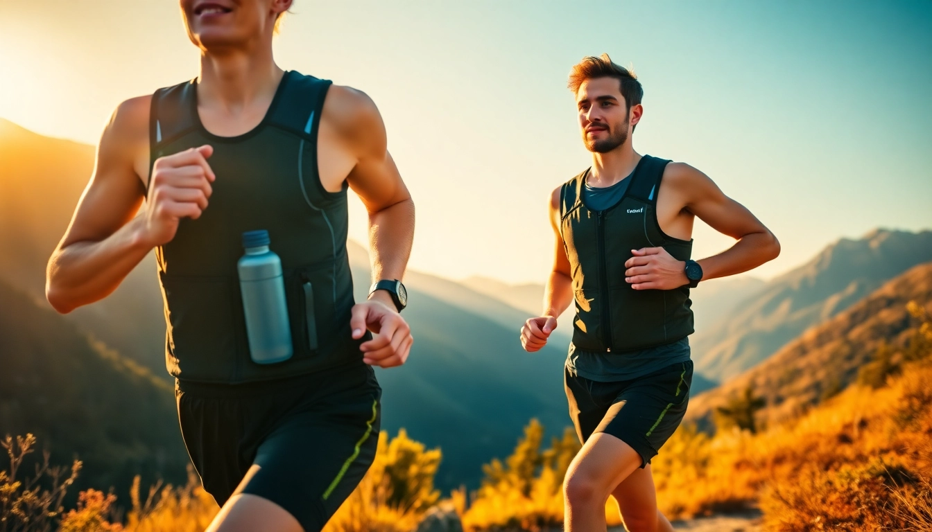 Runner demonstrating the features of a hydration running vest in a scenic outdoor setting.
