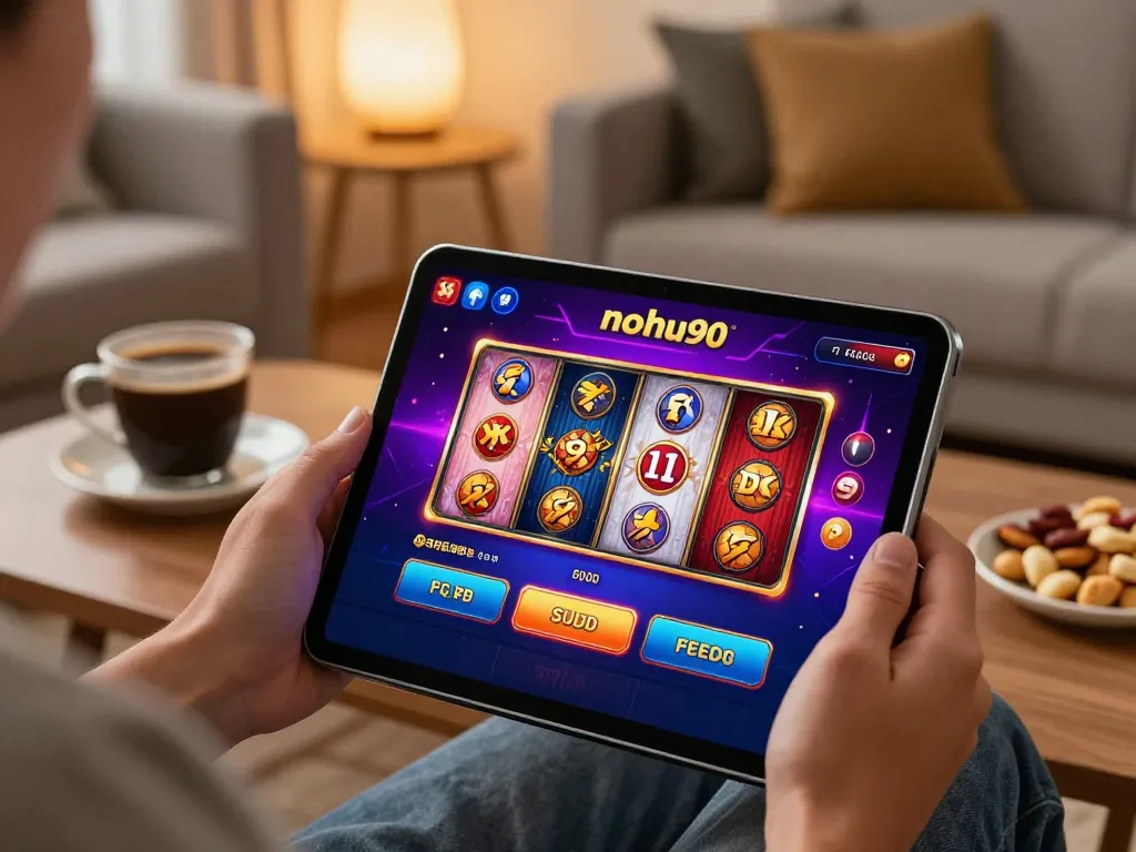 Person enjoying gaming on nohu90 com in a cozy home setting, depicting responsible gambling.