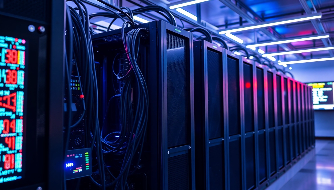 Dynamic scene of crypto mining rigs showcasing advanced technology in a modern facility