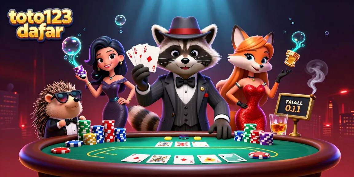 Toto123 daftar showcases a lively poker scene with a raccoon and friends amid vibrant game elements.
