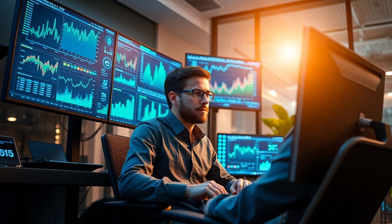 Developer creating an infosec e-commerce monitoring tool amidst vibrant financial data displays.