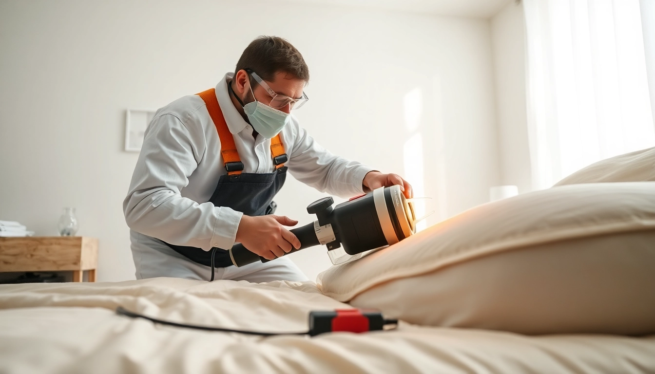 Technician performing bed bug removal with heat treatment in a clean bedroom.