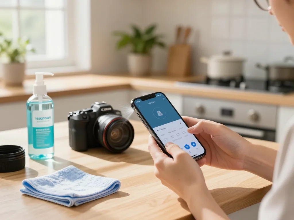 Fix My Speaker app in use to clean phone speakers, smartphone on a bright kitchen counter.