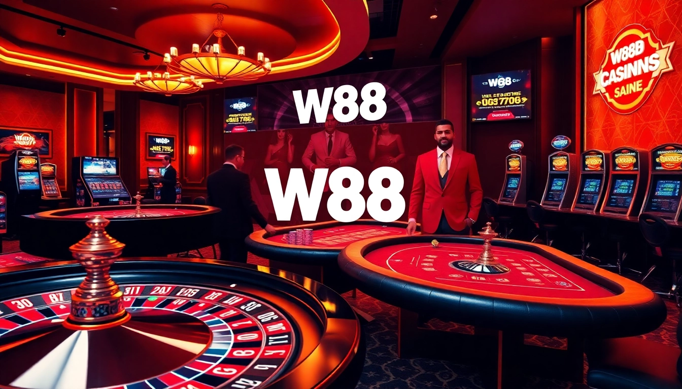 Experience the excitement of gambling at W88 with vibrant casino scenes and tables.