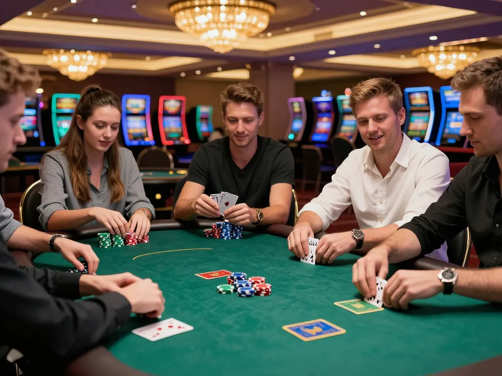 Players strategizing at 8kbetbh poker table amidst a vibrant casino atmosphere.