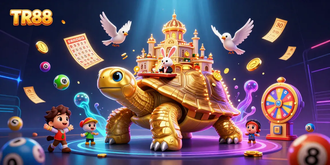 Engage with TR88 at an exciting 3D casino scene featuring a golden tortoise hosting games and flying coins.