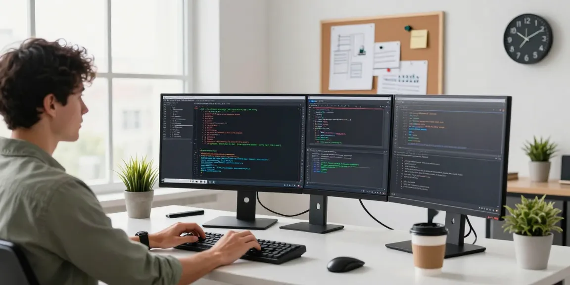 A software developer using Snipaste下载 in a modern workspace with multiple monitors and a creative atmosphere.