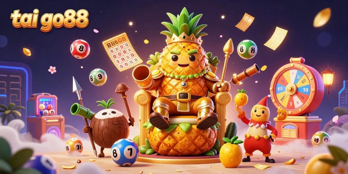 Engage in exciting gaming adventures with tai go88, featuring a vibrant 3D beach casino scene with a golden pineapple king.