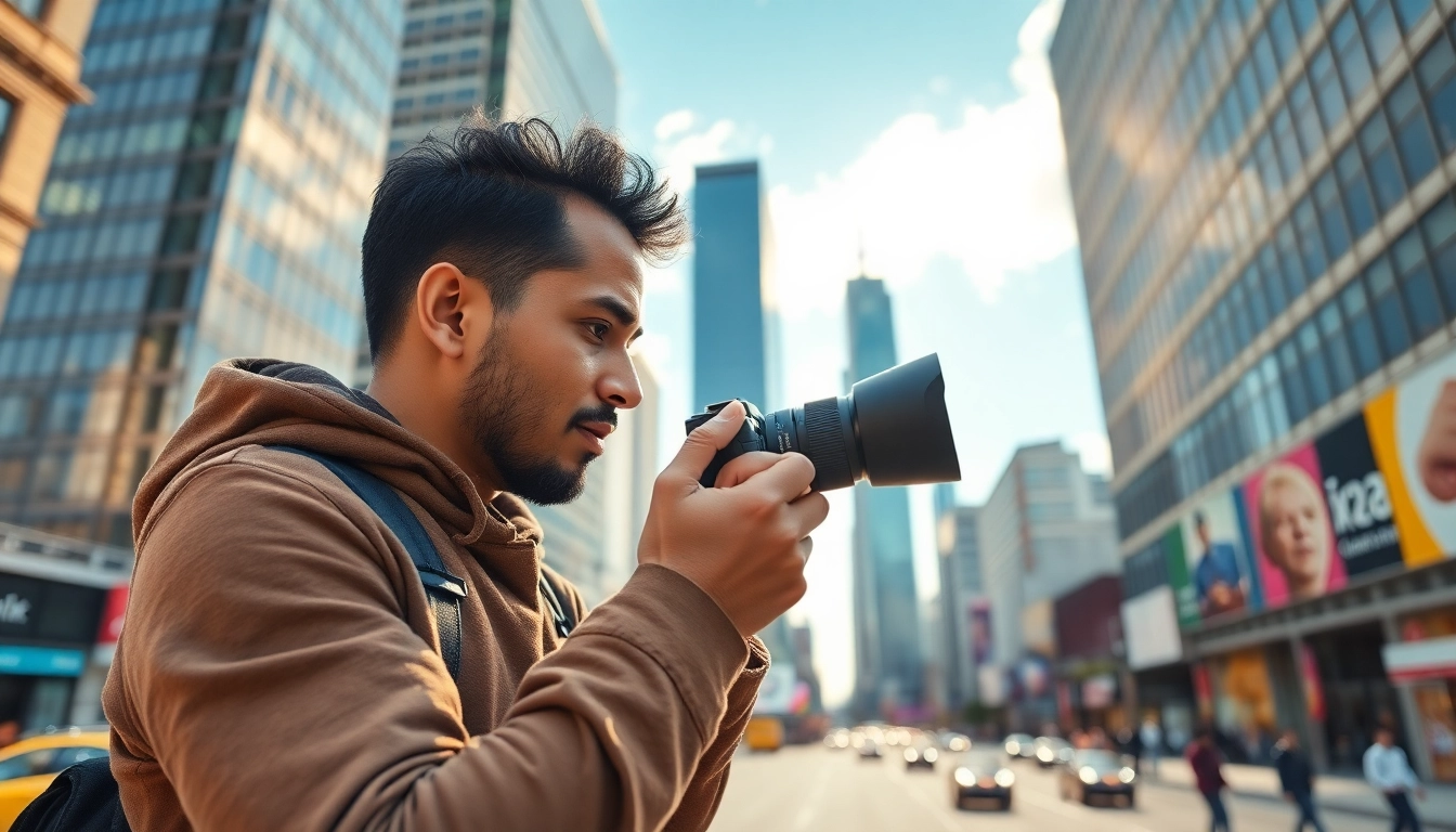 Showcase of the photographer utilizing the Insta360 X5 against a vibrant city backdrop.