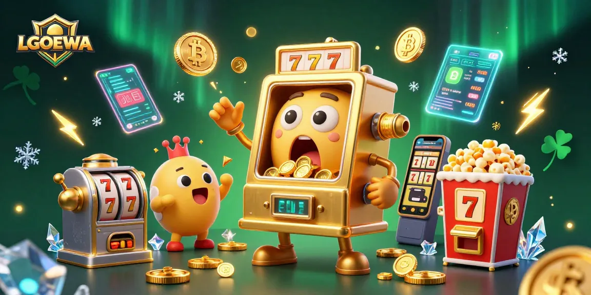 Experience the excitement of LGODEWA with a golden slot machine hitting a jackpot amidst vibrant casino elements.