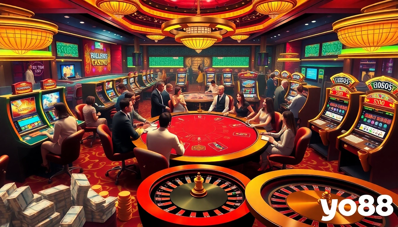 Exciting casino atmosphere with players engaged in poker, highlighting the thrill of yo88 gaming action.
