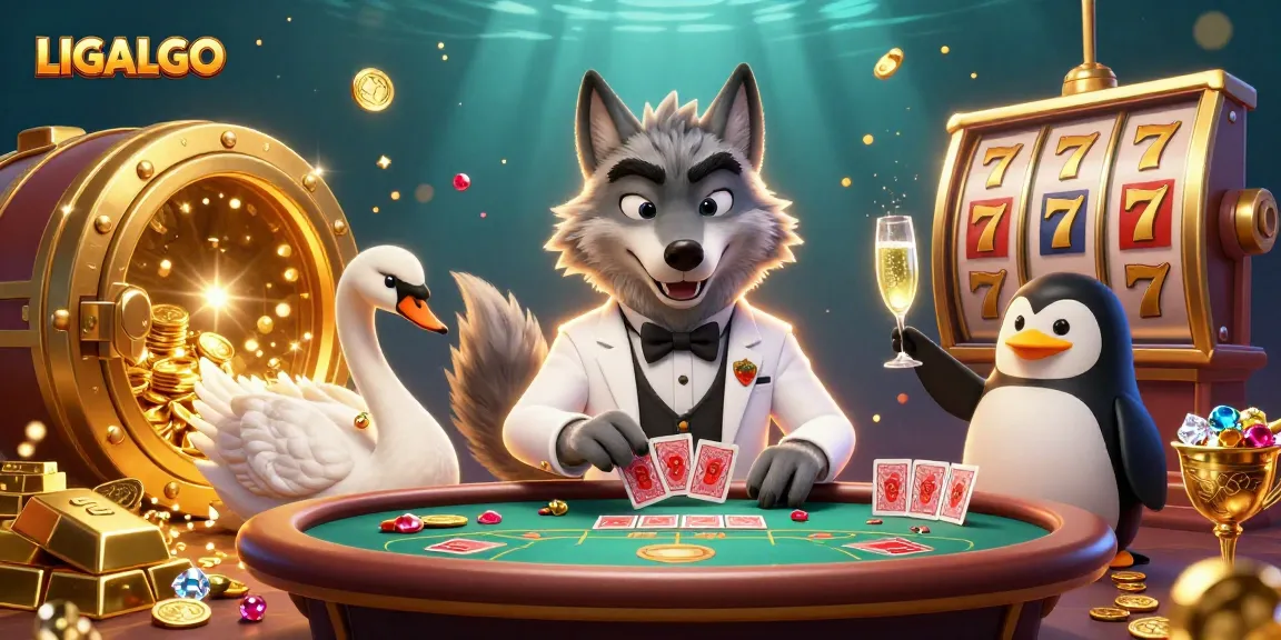 LIGALGO showcases a debonair wolf at a baccarat table surrounded by shining slot reels and sparkling gems.