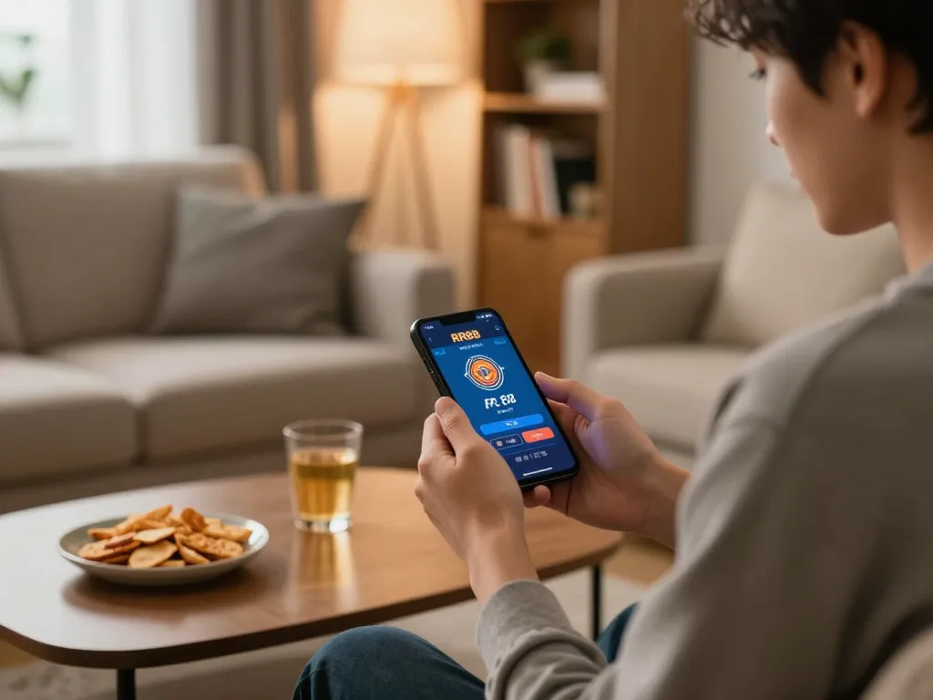 Engage in mobile gambling using the RR88 App on a smartphone, showcasing cozy home atmosphere.