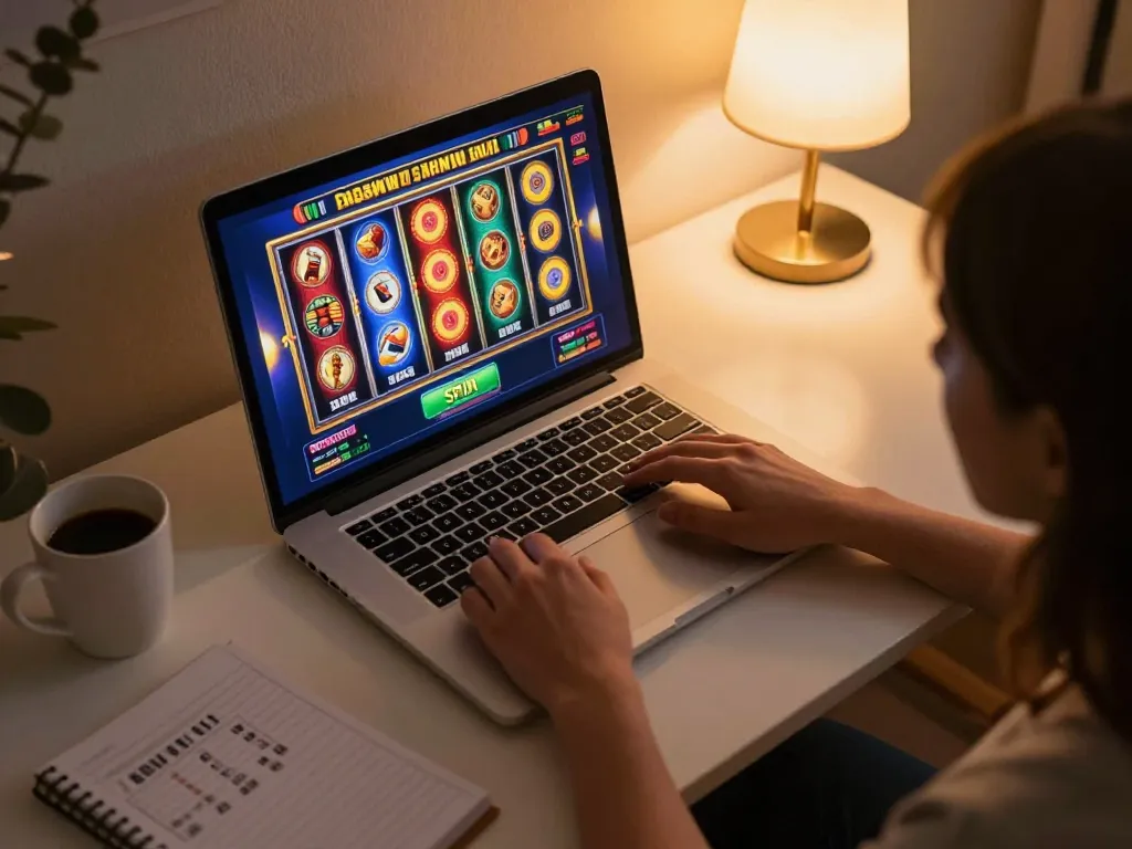 Engaging scene of slot depo 10k gaming session at home with vibrant reels displayed on laptop