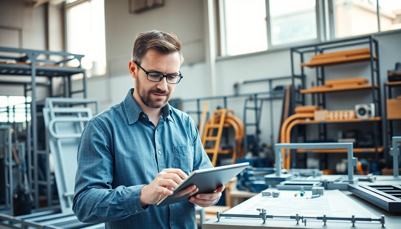 Engineer utilizing a frame calculator in a well-lit workshop with design tools.