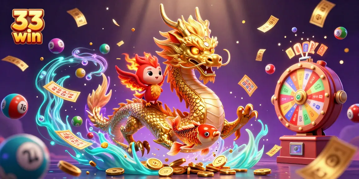 Experience the thrill of 33 win with a dynamic scene featuring a golden dragon and lucky symbols.
