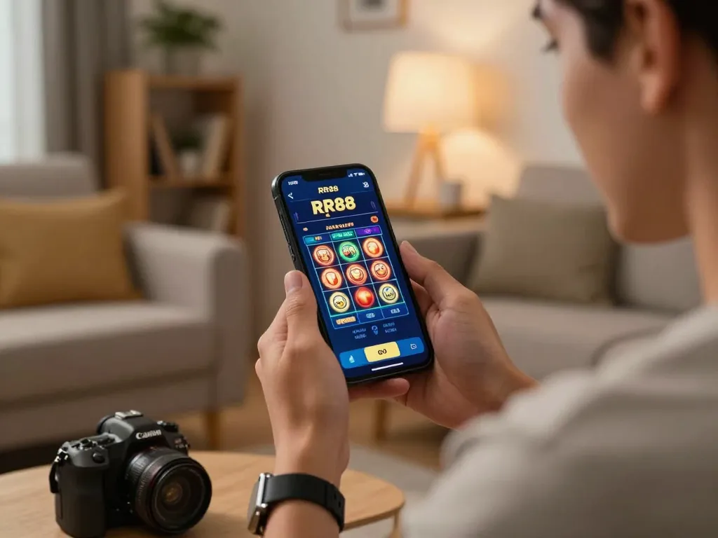 Engaging with RR88 App on a smartphone while placing bets in a cozy living room.
