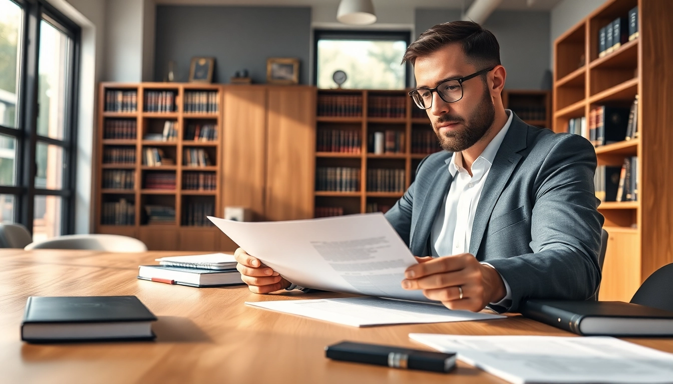 Engaging intellectual property lawyer analyzing legal documents in a modern office.